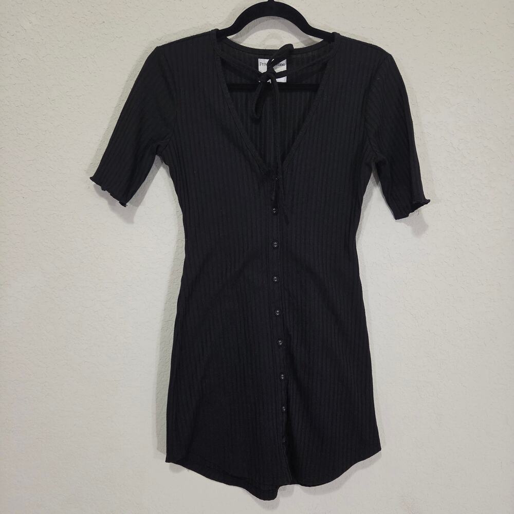 Privacy Please Black Ribbed Button Front Mini Dress XS Small Short Sleeve LBD